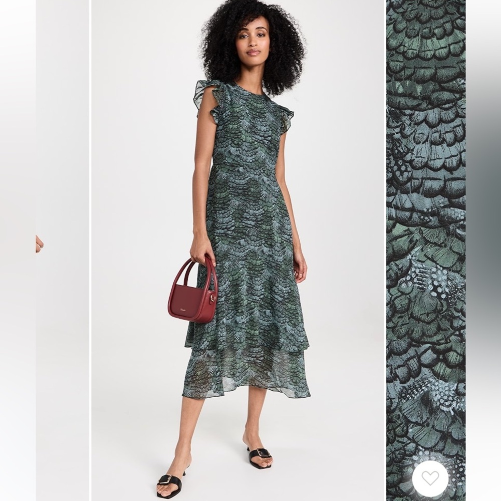 SCOTCH AND SODA NWT midi flounce dress teal green feather print maxi size 34 XS